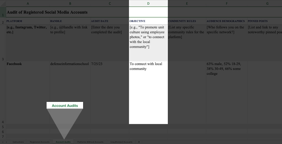 Image of the Social Media Audit template's Account Audits tab with the Objective column highlighted and an example provided, "To connect with local community.
