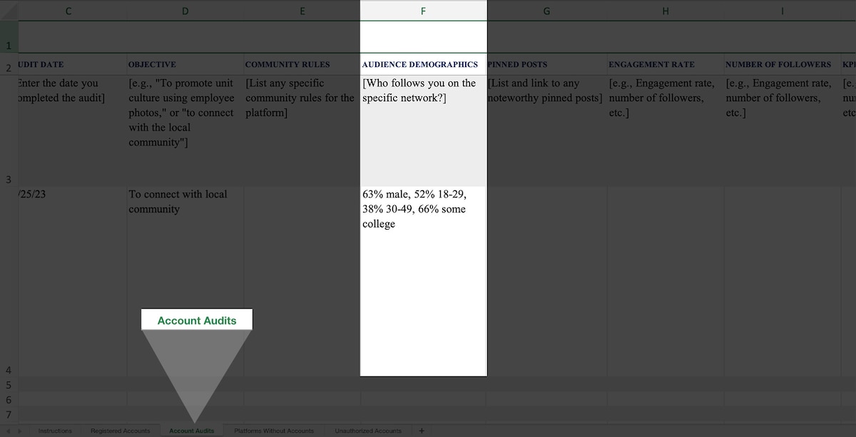 Image of the Social Media Audit template's Account Audits tab with the Audience Demographics column highlighted and an example provided. The example shows, "63% male, 52% 18-29, 38% 30-49, 66% some college.