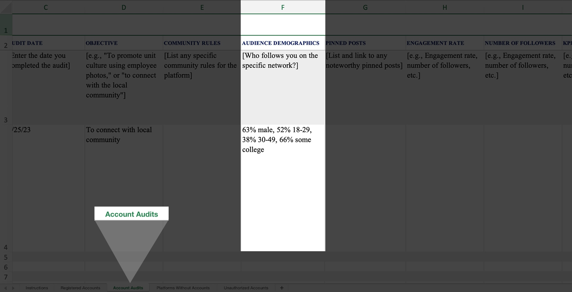 Image of the Social Media Audit template's Account Audits tab with the Audience Demographics column highlighted and an example provided. The example shows, "63% male, 52% 18-29, 38% 30-49, 66% some college.