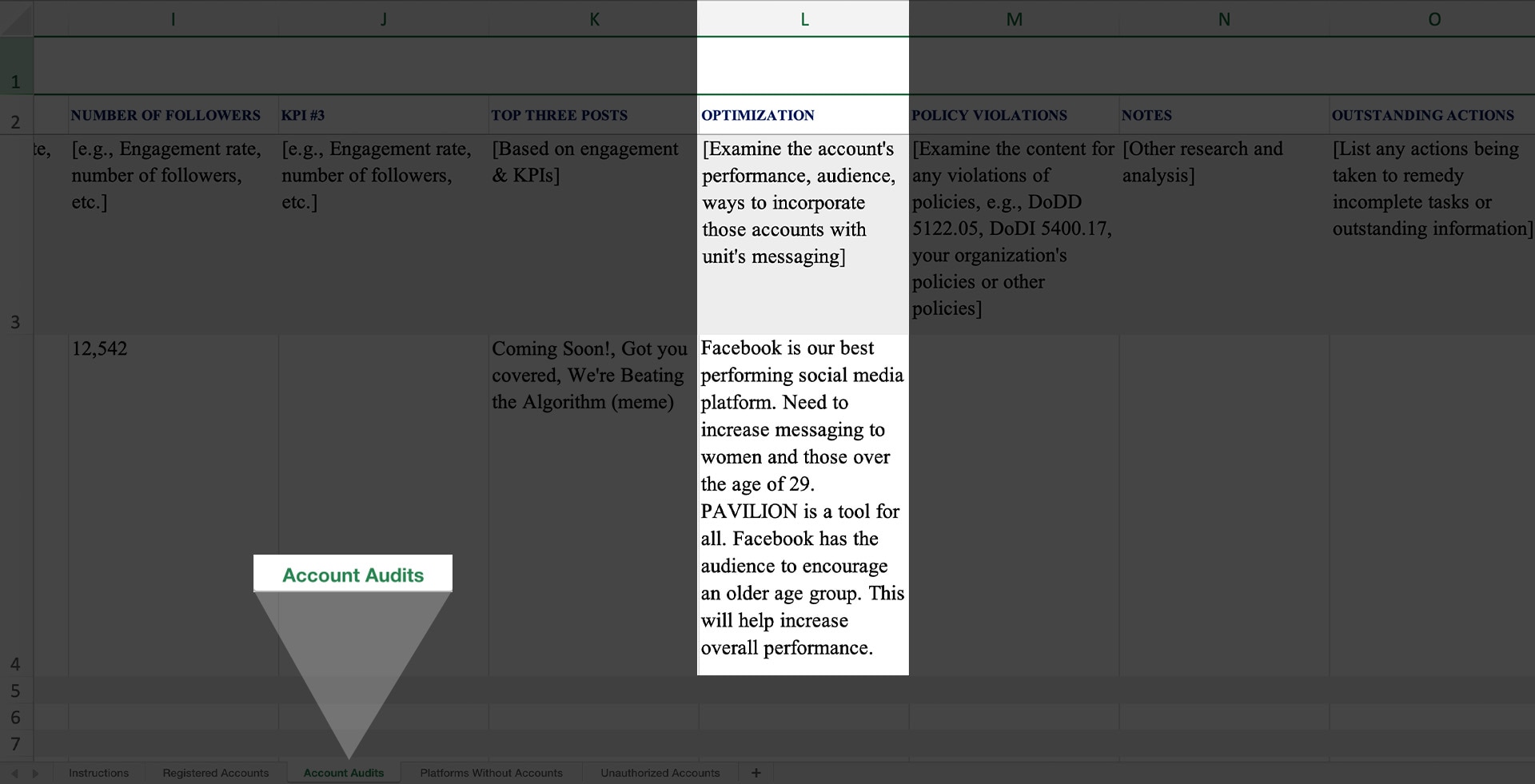 Image of the Social Media Audit template's Account Audits tab with the Optimization column highlighted and an example provided. The example text is, "Facebook is our best performing social media platform. Need to increase messaging to women and those over the age of 29. PAVILION is a tool  for all. Facebook has the audience to encourage an older age group. This will help increase overall performance.