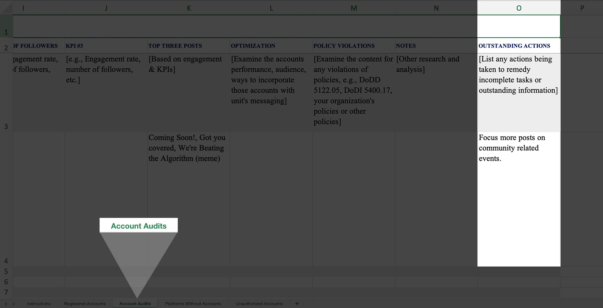 Image of the Social Media Audit template's Account Audits tab with the Outstanding Actions column highlighted and an example provided. The example text is, "Focus more posts on community related events.