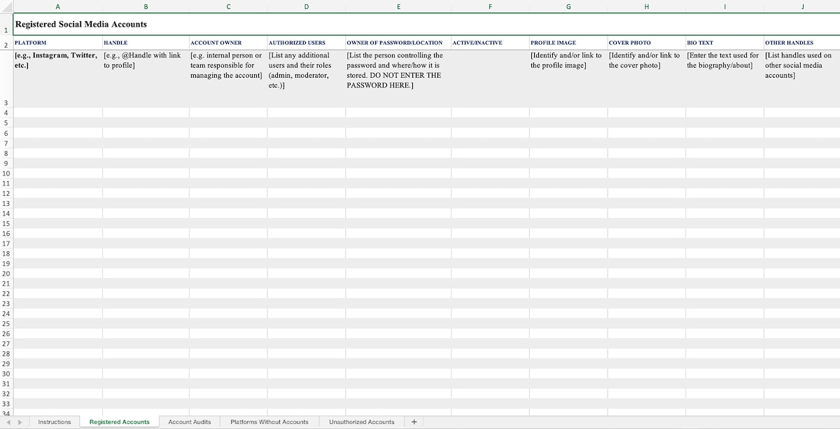 Image of a blank Social Media Audit template (Excel spreadsheet format) with the following tabs: Registered Accounts, Account Audits, Platforms Without Accounts and Unauthorized Accounts.
