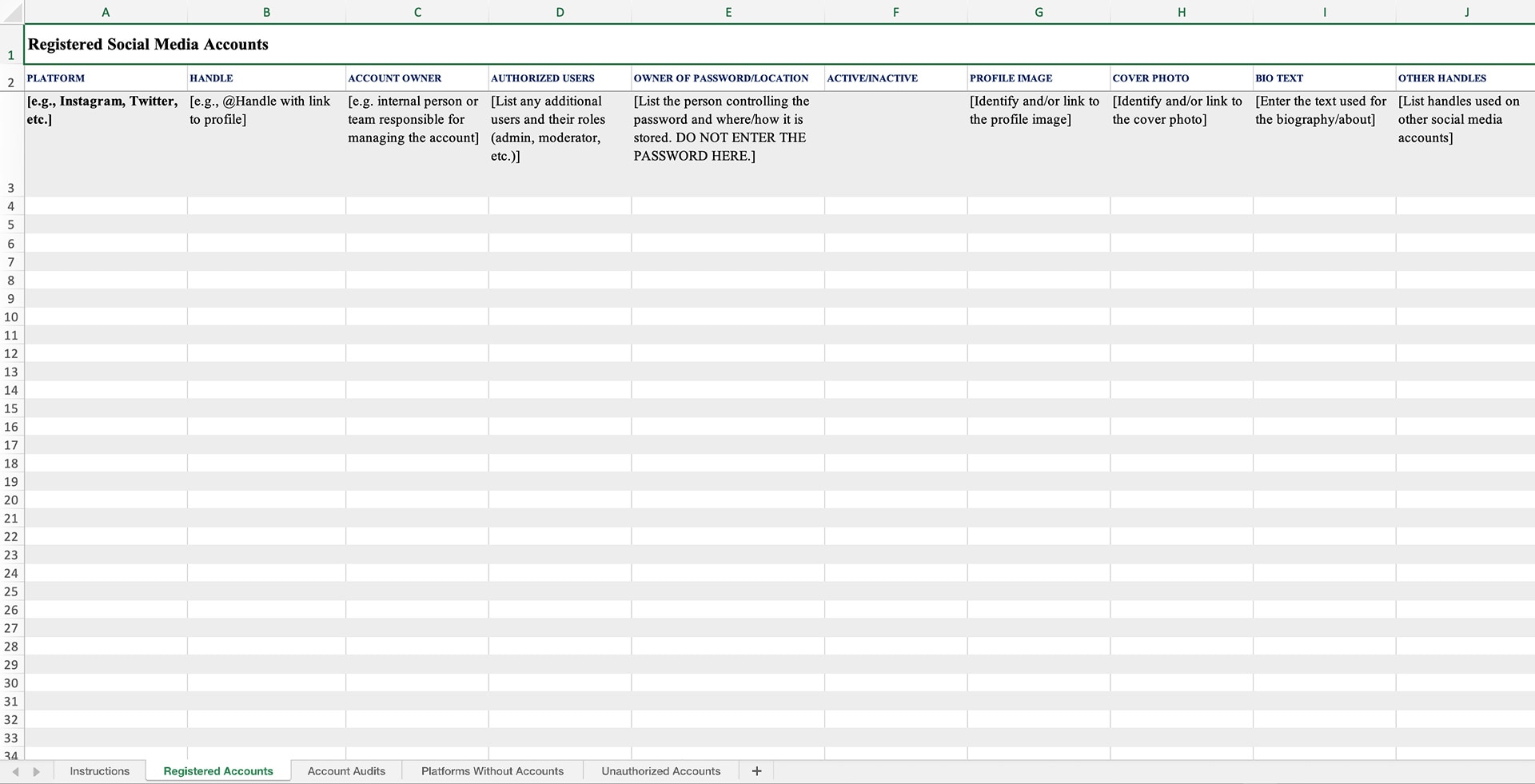 Image of a blank Social Media Audit template (Excel spreadsheet format) with the following tabs: Registered Accounts, Account Audits, Platforms Without Accounts and Unauthorized Accounts.