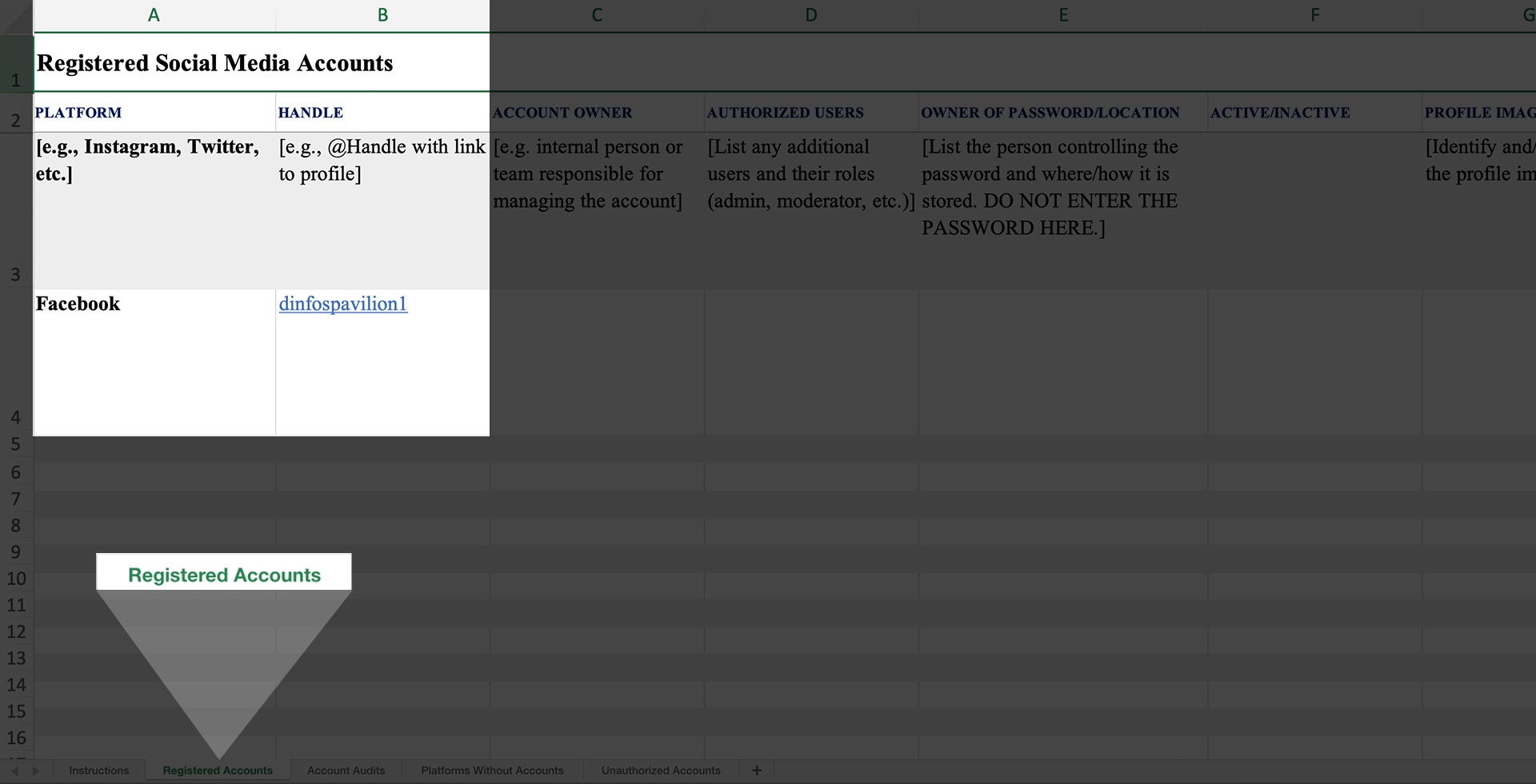 Image of the Social Media Audit template's Registered Accounts tab with the Platform and Handle columns highlighted and an example provided.