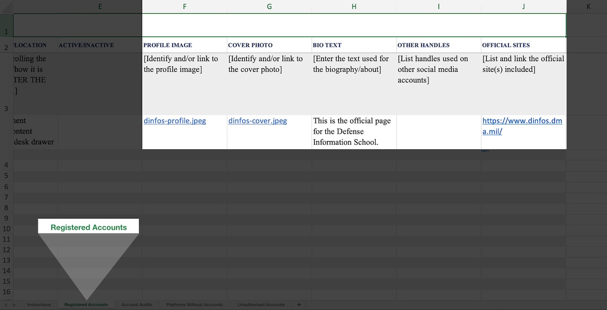 Image of the Social Media Audit template's Registered Accounts tab with the Profile Image, Cover Photo, Bio Text, Other Handles and Official Sites columns highlighted and examples provided.