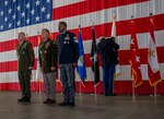 U.S. Army Gen. James Dickinson, U.S. Space Command commander; U.S. Marine Corps Master Gunnery Sgt. Scott Stalker; and U.S. Space Force Chief Master Sgt. Jacob Simmons stand at attention during USSPACECOM's second-ever change of responsibility ceremony Aug. 7, 2023, at Peterson Space Force Base, Colo.