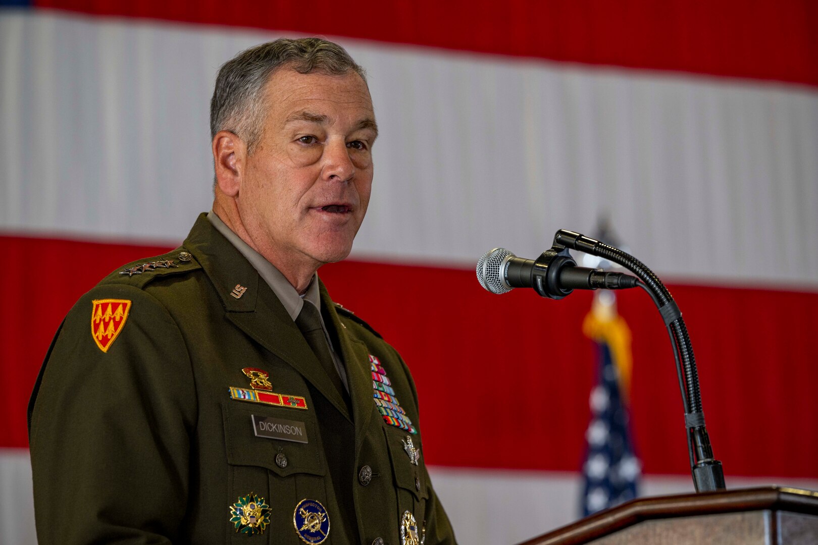 U.S. Army Gen. James Dickinson, U.S. Space Command Commander, delivered remarks during the command’s change of responsibility ceremony, Aug. 7, 2023, at Peterson Space Force Base, Colo.