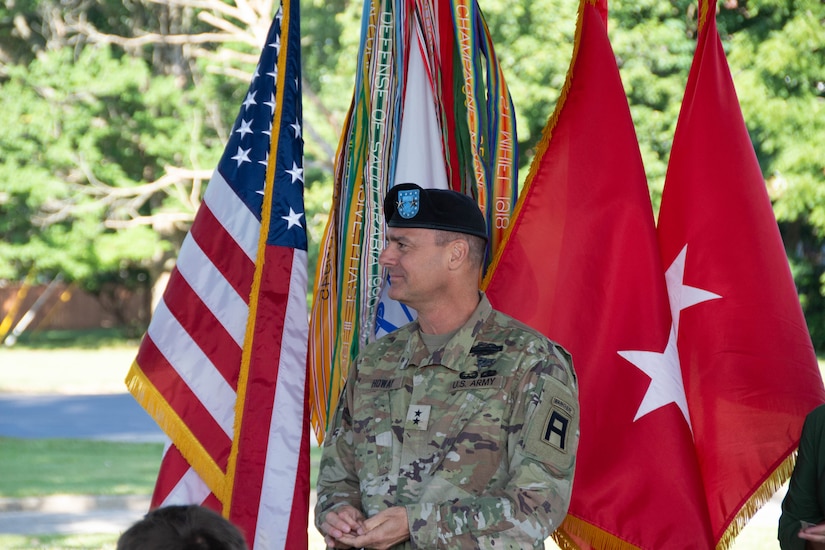 U.S. Army Brig. Gen. Bryan M. Howay, dual-hatted as director of the joint staff of the Kentucky National Guard and acting commander of First Army Division East, is promoted to major general by his wife, Sharon, during a ceremony held at Fort Knox, Kentucky, June 14, 2023.