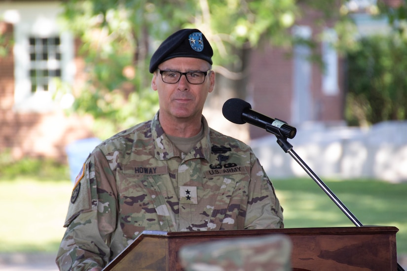 U.S. Army Maj. Gen. Bryan M. Howay, speaks in front of family and friends at his promotion ceremony at Fort Knox on June 14, 2023.