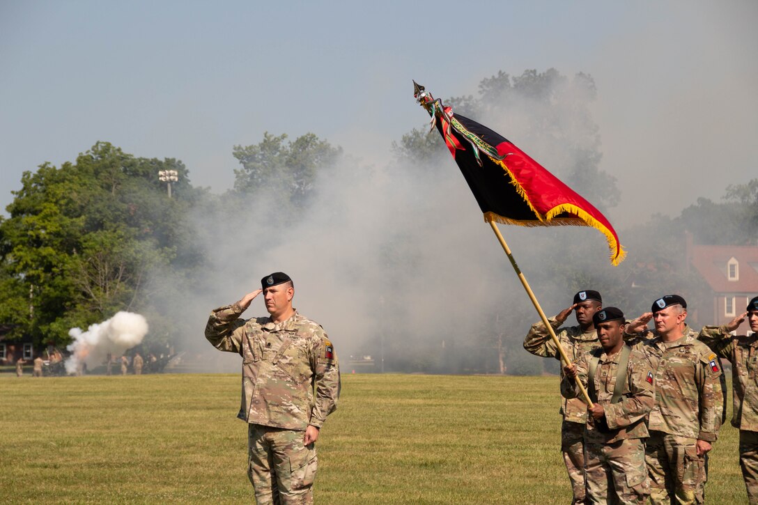 U.S. Army Maj. Gen. Bryan M. Howay takes command of First Army Division East from Maj. Gen. Mark H. Landes during a ceremony held at Fort Knox, Kentucky, June 14, 2023.  (Photo by Milt Spalding)