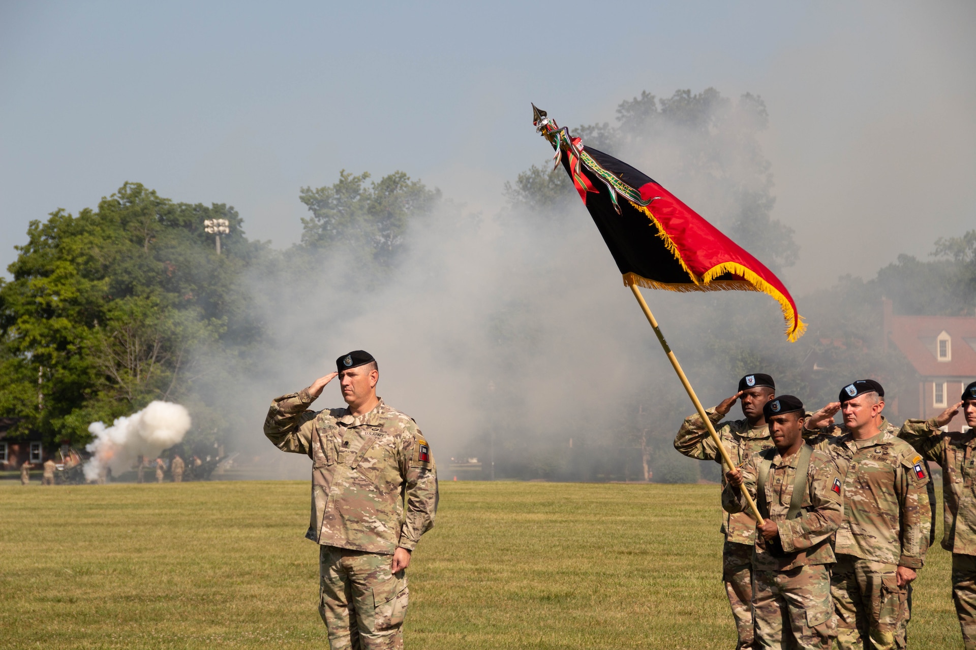 U.S. Army Maj. Gen. Bryan M. Howay takes command of First Army Division East from Maj. Gen. Mark H. Landes during a ceremony held at Fort Knox, Kentucky, June 14, 2023.  (Photo by Milt Spalding)