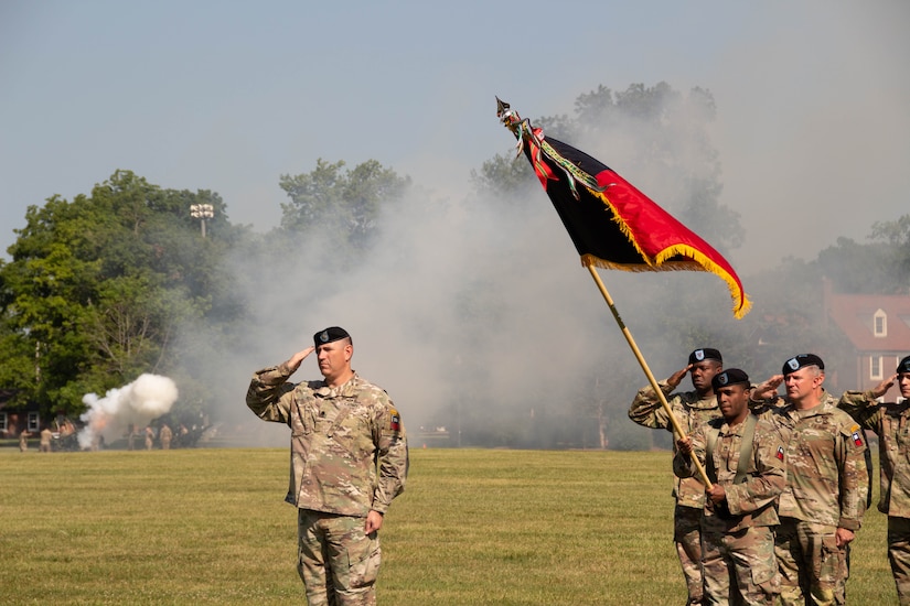 U.S. Army Maj. Gen. Bryan M. Howay takes command of First Army Division East from Maj. Gen. Mark H. Landes during a ceremony held at Fort Knox, Kentucky, June 14, 2023.  (Photo by Milt Spalding)