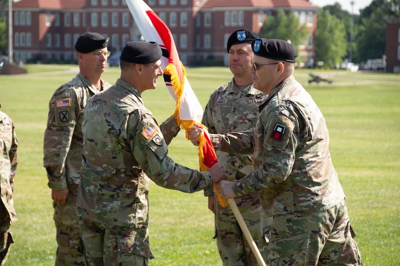 U.S. Army Maj. Gen. Bryan M. Howay takes command of First Army Division East from Maj. Gen. Mark H. Landes during a ceremony held at Fort Knox, Kentucky, June 14, 2023.