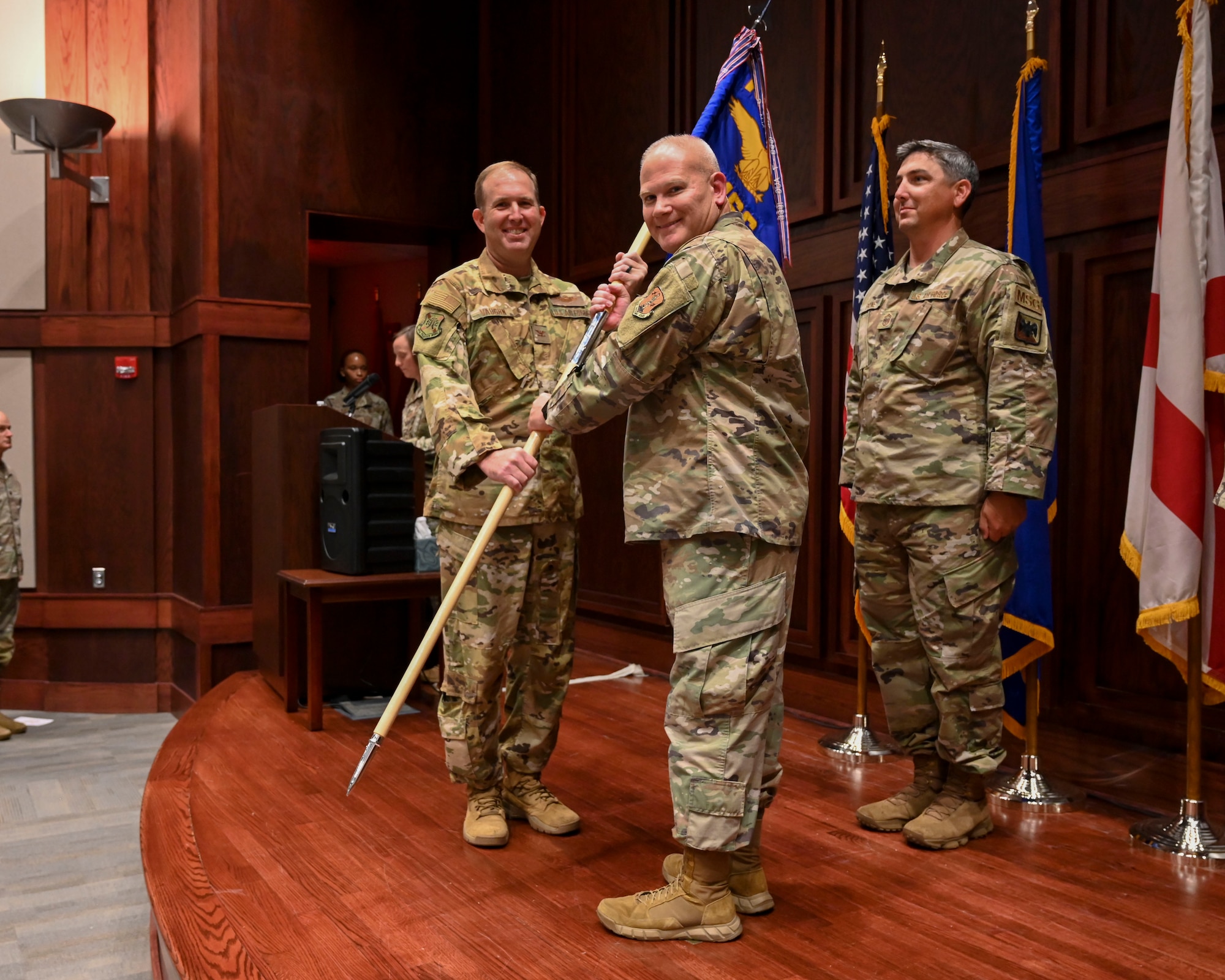 U.S. Air Force Lt Col Charles P. Griggs assumes command of the 187th Fighter Wing Mission Support Group at Dannelly Field, Alabama, Aug. 5, 2023. Members of the wing bid farewell to the F-16 as the 187FW transitions to the F-35 Lightning II aircraft. (U.S. Air National Guard photo by Tech. Sgt. Jeffery Foster)