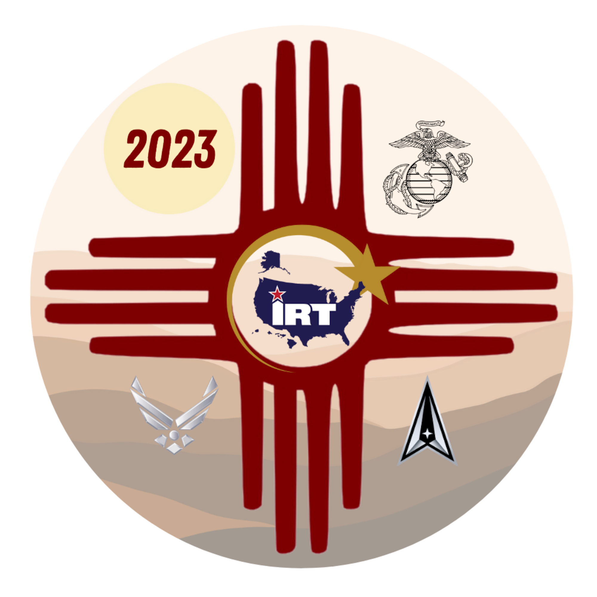 The graphic logo for the New Mexico Joint Innovative Readiness Training exercise. The graphic depicts the emblems for the Marine Corps, Air Force, and Space Force. The Zia sun symbol runs across the graphic, an image sacred to the Pueblo people of New Mexico.