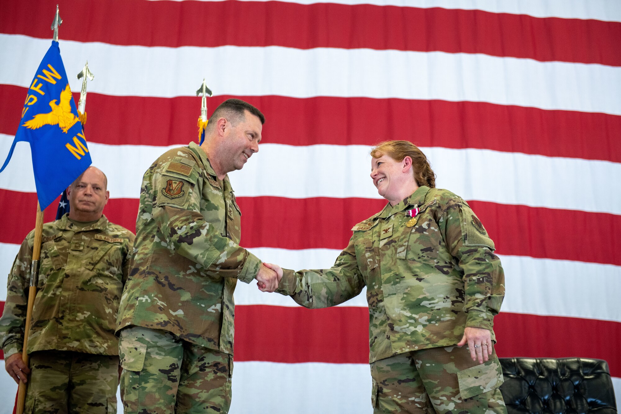 U.S. Air Force Col. Carl "Rich" Guckenberger assumed command of the 125th Maintenance Group from outgoing commander, Col. Deborah Garrett, at a change of command ceremony held Aug. 5, 2023 at the 125th Fighter Wing. Guckenberger previously served as the 125th MXG deputy commander from 2016 to 2023. (U.S. Air National Guard photo by Tech Sgt. Chelsea Smith)