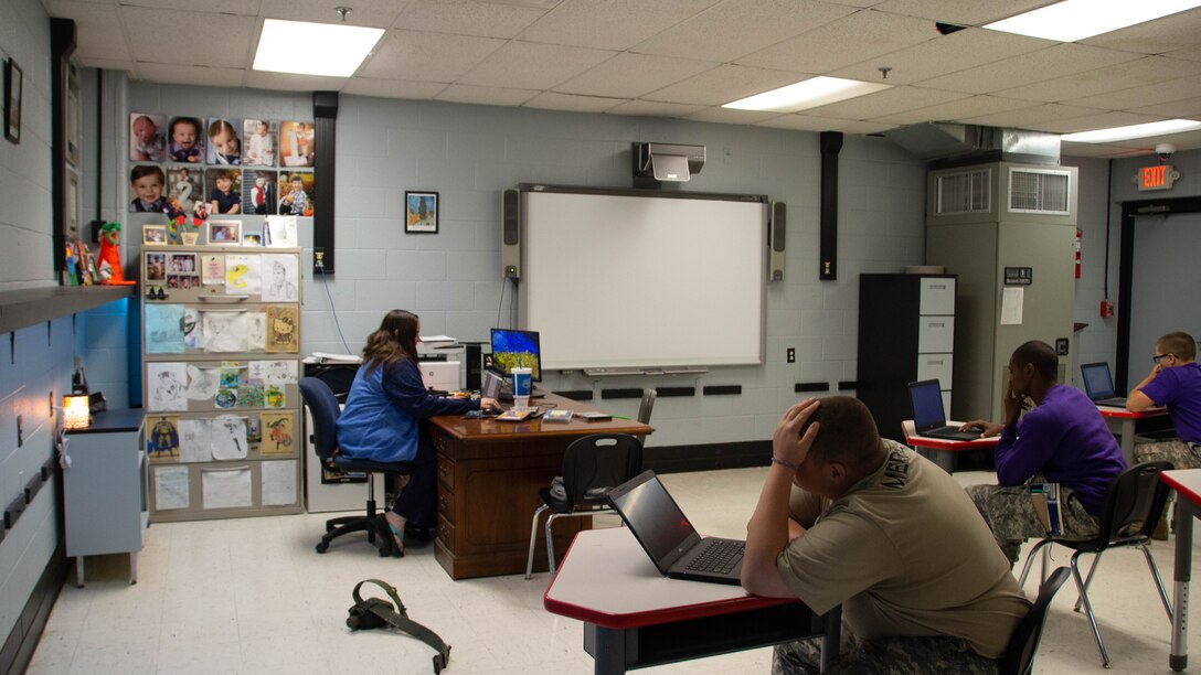 Cadets work on their schoolwork at the Bluegrass ChalleNGe Academy at Fort Knox.