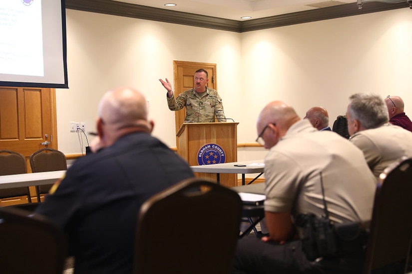 1st Sgt. Jason Rhodes, County Outreach non-commissioned officer in charge, speaks to leaders in Oldham County July 27, during the final installment of a statewide initiative gauging interoperability of state resources to respond to emergencies. (U.S. Army National Guard photos by 1st Sgt. Scott Raymond)