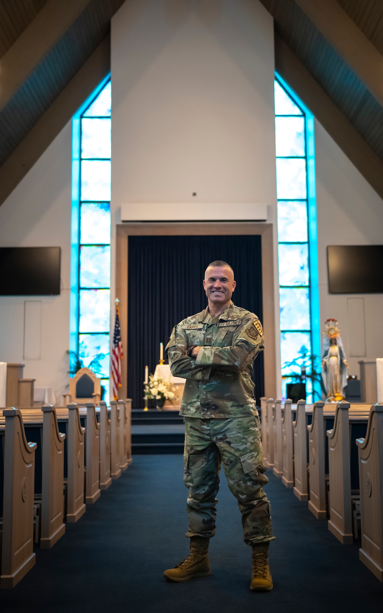 U.S. Air Force Capt. Kory Capps, a chaplain assigned to the 6th Air Refueling Wing, poses for a photo at MacDill Air Force Base, Florida, June 1, 2023. Capps commissioned into the U.S. Air Force after spending 16 years working as a chaplain for a prison facility.  (U.S. Air Force photo by Senior Airman Lauren Cobin)