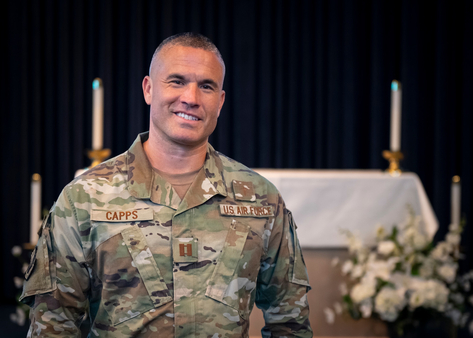 U.S. Air Force Capt. Kory Capps, a chaplain assigned to the 6th Air Refueling Wing, poses for a photo at MacDill Air Force Base, Florida, June 1, 2023. Capps commissioned into the U.S. Air Force after spending 16 years working as a chaplain for a prison facility.  (U.S. Air Force photo by Senior Airman Lauren Cobin)