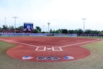 Teams line up during the opening ceremony of the 2023 Armed Forces Sports Softball Championship hosted by USA Softball at the National Hall of Fame Stadium in Oklahoma City, Okla.  Championship features men and women teams from the Army, Marine Corps, Navy (with Coast Guare Personnel), and Air Force. (Dept. of Defense Photo by Mr. Steven Dinote - Released)