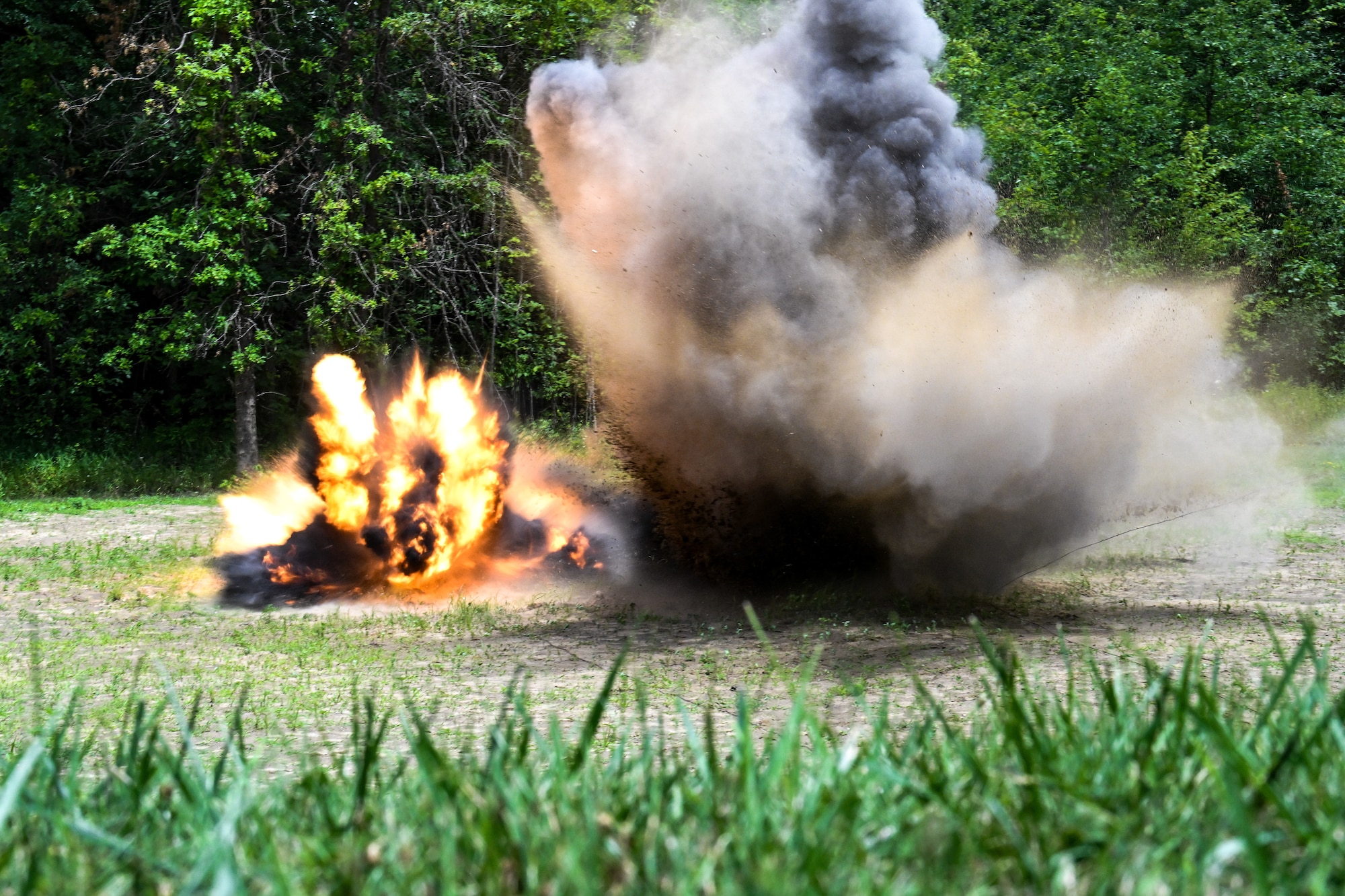 A claymore detonates during an Integrated Defense Leadership Course on July 21, 2023, at Camp James A. Garfield Joint Military Training Center, Ohio.