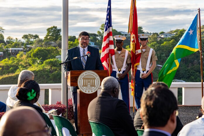 Francisco Ocegueda, the American Battle Monuments Commission Deputy Director of Cemetery Operations for the Pacific Region gives remarks during the 81st Anniversary of the Battle of Guadalcanal Ceremony at the Guadalcanal American Memorial in Honiara, Solomon Islands, August 7, 2023. The Battle of Guadalcanal, also known as Operation Watchtower, was a seven-month campaign that marked the first Allied land offensive in the Pacific theater in World War II.