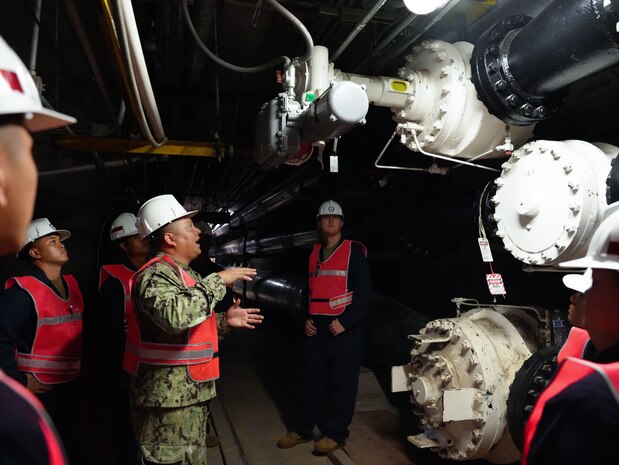 Joint Task Force-Red Hill (JTF-RH) roving security and fire watch team members conduct a roving patrol inside the Red Hill Bulk Fuel Storage Facility (RHBFSF), Halawa, Hawaii, August 7, 2023. JTF-RH is in phase three of its five-phase defueling plan. Personnel are focused on completing quality control tasks, training, response preparation, the National Environmental Policy Act Environmental Assessment, regulatory approvals and operational planning for all major milestones. This extensive preparatory work will help ensure the safe and expeditious defueling of the RHBFSF. (DoD photo by U.S. Marine Corps Cpl. Gabrielle Zagorski)