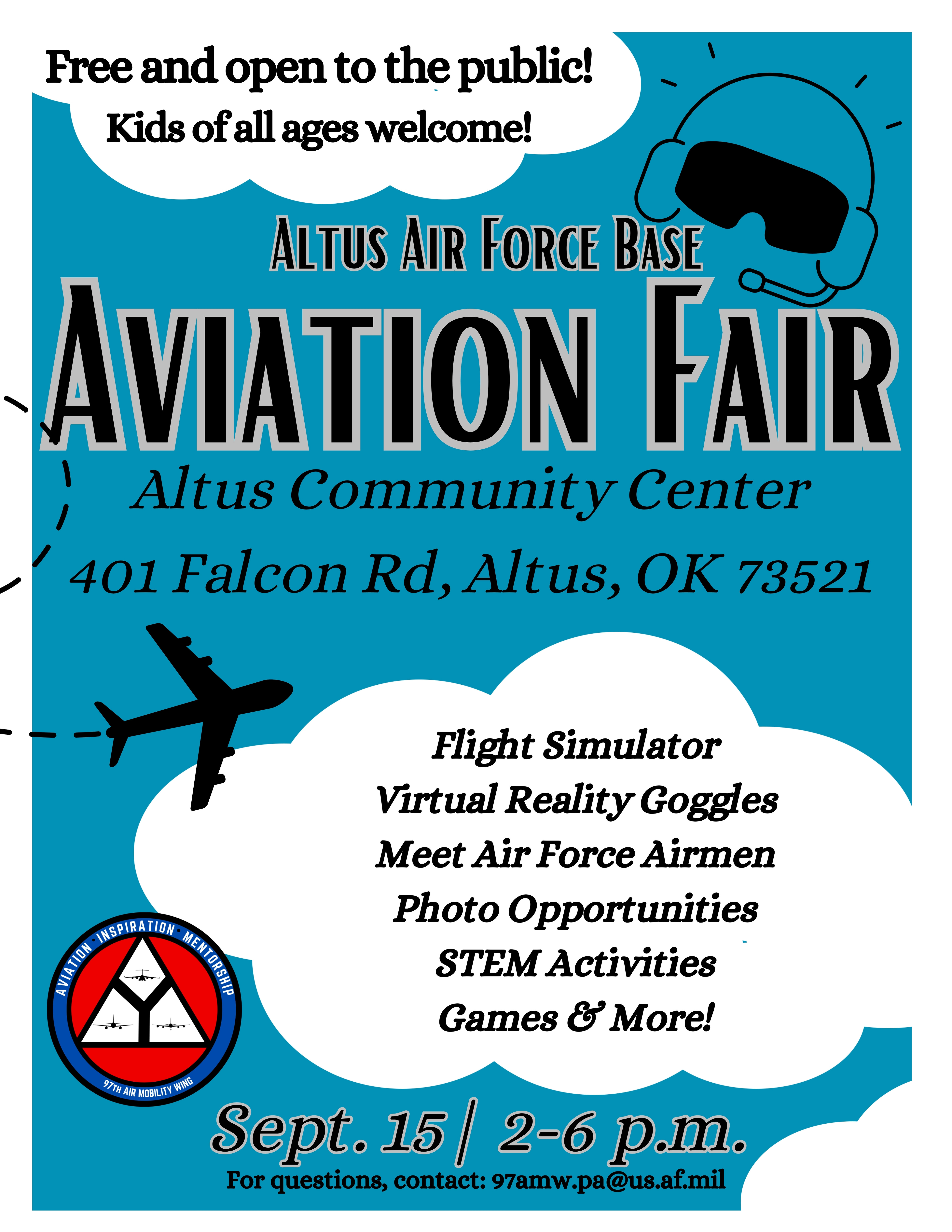 A graphic flyer created to showcase the 3rd Quarter Aviation Fair at Altus Community Center. The event will highlight flight simulators, virtual reality goggles, STEM activities, games and photo opportunities.
