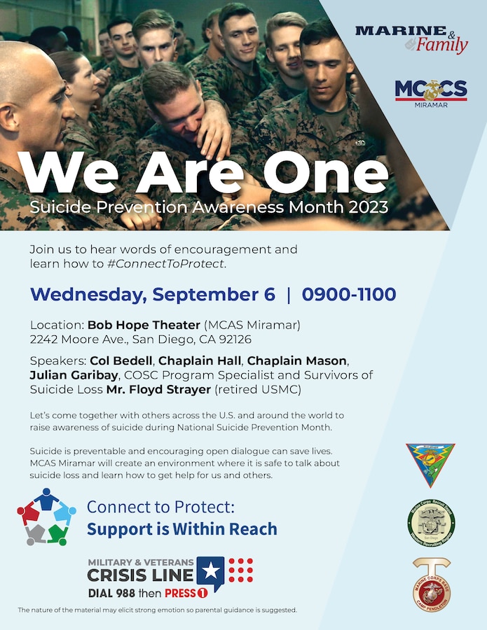 Suicide Prevention Poster for event at Bob Hope Theater on Wednesday, September 6, 2023, at 0900-1100.