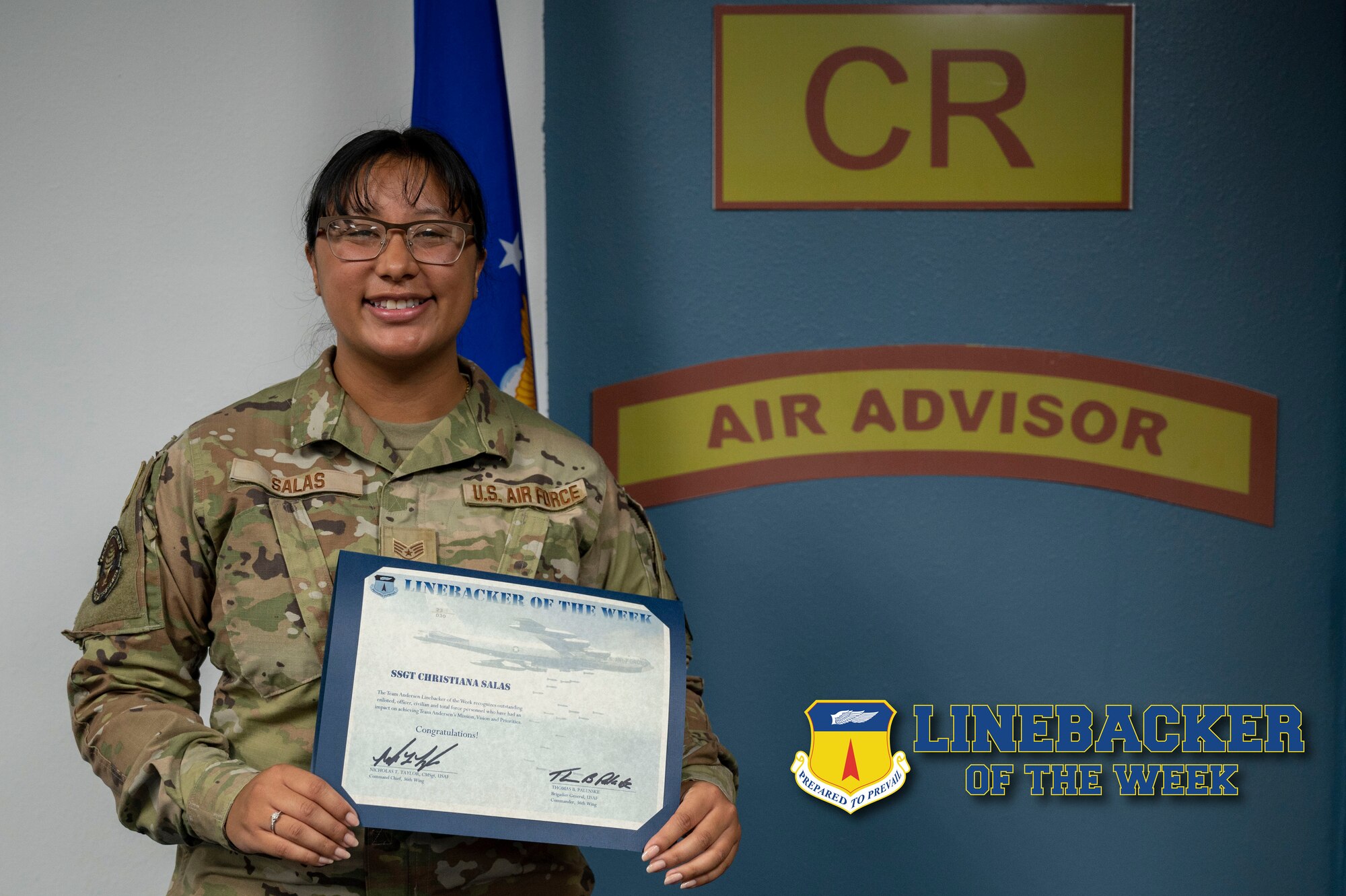 U.S. Air Force Staff Sgt. Christiana Salas, the noncommissioned officer in charge of intelligence operations assigned to the 36th Tactical Advisory Squadron, poses for a photo at Andersen Air Force Base, Guam, Aug. 2, 2023. The Team Andersen Linebacker of the Week recognizes outstanding enlisted, officer, civilian and total force personnel who have had an impact on achieving Team Andersen’s mission, vision and priorities. (U.S. Air Force photo by Airman 1st Class Emily Saxton)