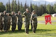 Alaska Army National Guardsmen with the 207th Engineer Utilities Detachment salute as the national anthem plays during the unit’s deactivation ceremony at the Camp Carroll flagpole on Joint Base Elmendorf-Richardson, Alaska, Aug. 5, 2023.