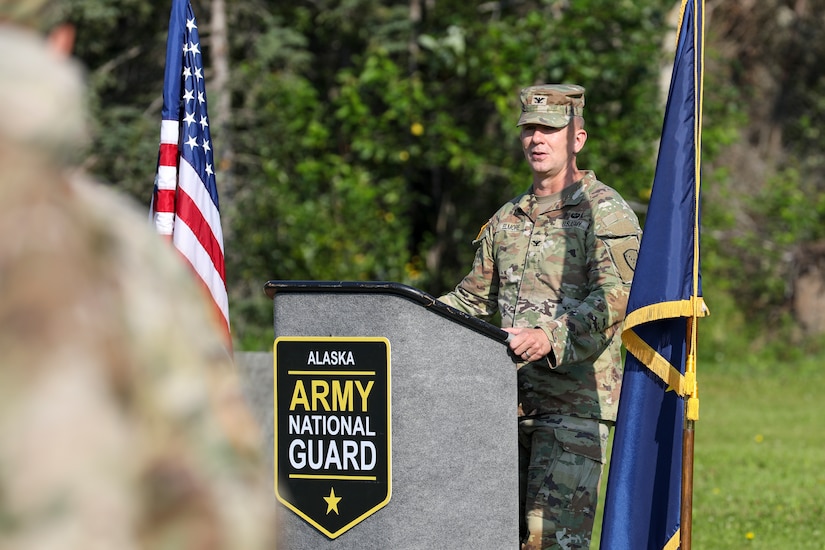 Alaska Army National Guard Col. Alex Elmore, 297th Regional Support Group commander, shares words of appreciation and highlights the many accomplishments of the 207th Engineer Utilities Detachment during the unit’s deactivation ceremony at the Camp Carroll flagpole on Joint Base Elmendorf-Richardson, Alaska, Aug. 5, 2023.