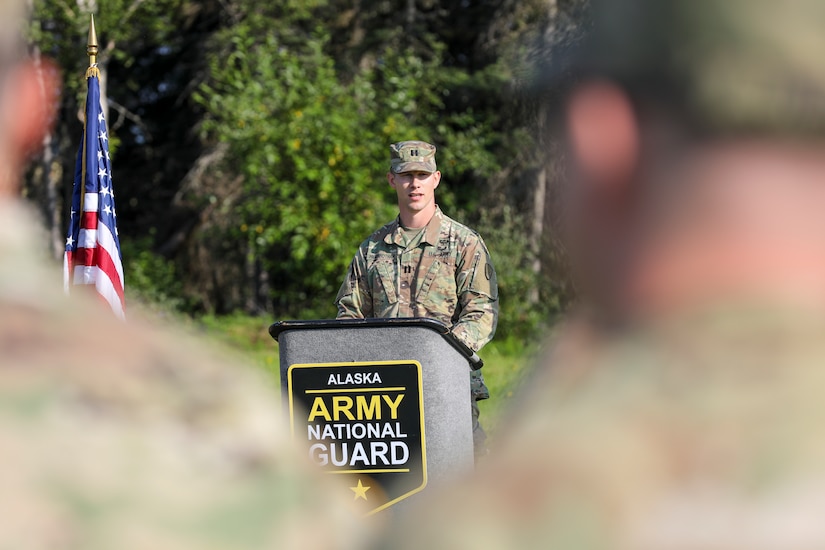 Alaska Army National Guard Capt. Edwin Higginbotham addresses his formation as the final commander of the 207th Engineer Utilities Detachment during the unit’s deactivation ceremony at the Camp Carroll flagpole on Joint Base Elmendorf-Richardson, Alaska, Aug. 5, 2023.