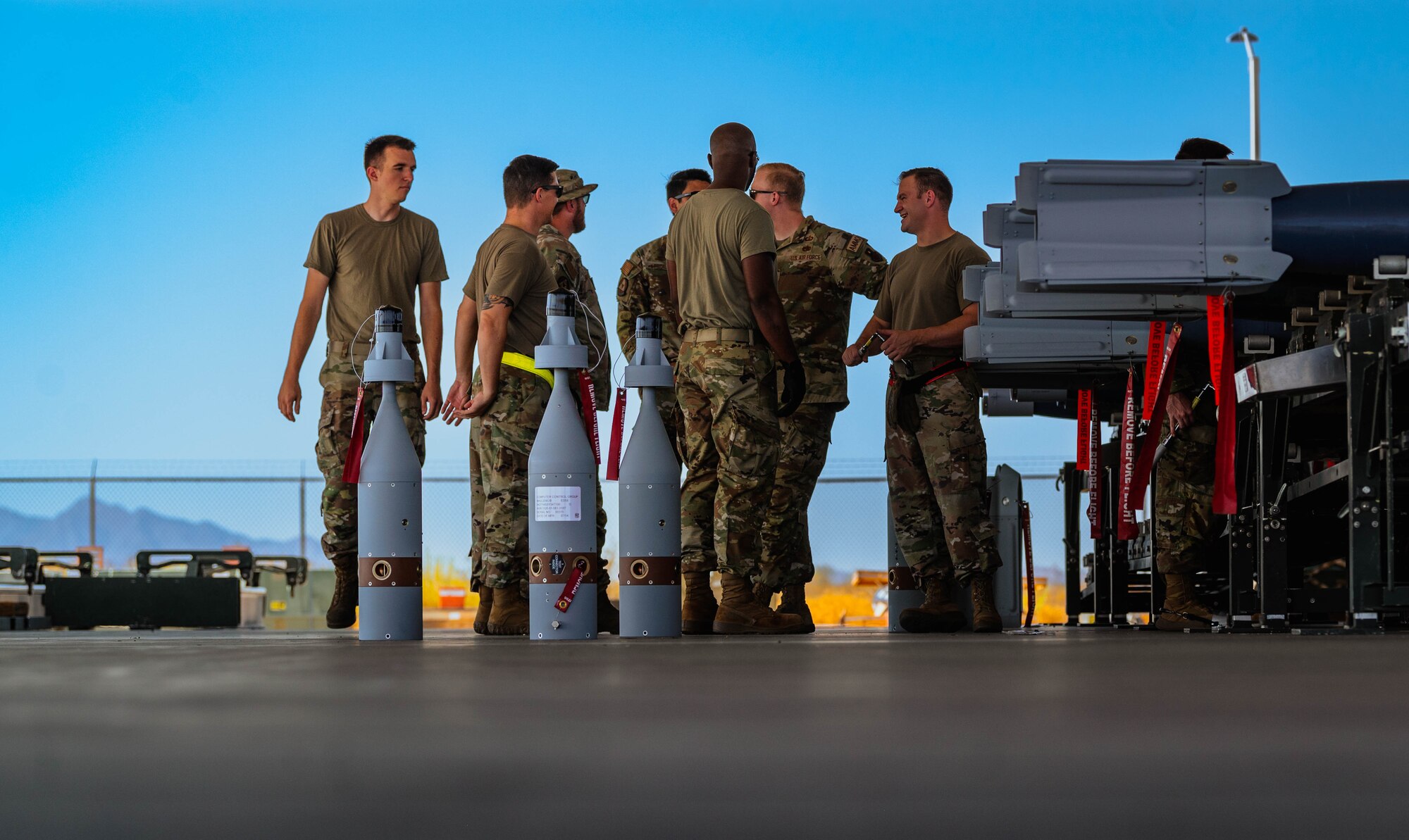 U.S. Air Force Airmen from the 56th Equipment Maintenance Squadron, regroup after a training exercise in preparation for this year’s Air Force Combat Operation Competition.