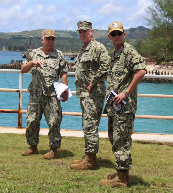 NAVAL BASE GUAM (July 31, 2023) - Vice Chairman of the Joint Chiefs of Staff Adm. Christopher Grady met with Commander, Joint Region Marianas Rear Adm. Greg Huffman, and U.S. Naval Base Guam (NBG) Commanding Officer Capt. Michael Luckett during a tour of the installation, July 31.