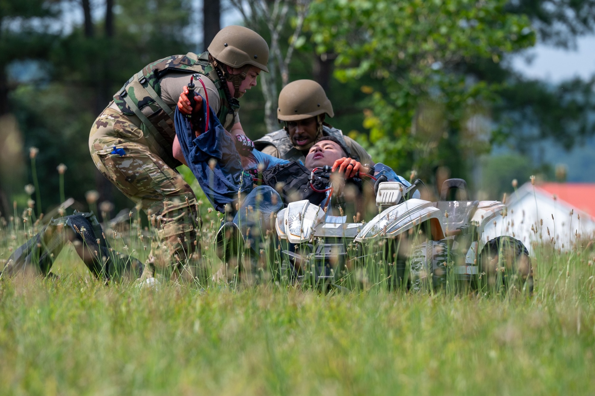 Members of the Air National Guard and Air Force, Army, and Navy Reserve participated in a Tactical Combat Casualty Care culmination training event at the Rhea County Fairgrounds during Innovative Readiness Training in Tennessee June 5, 2023.