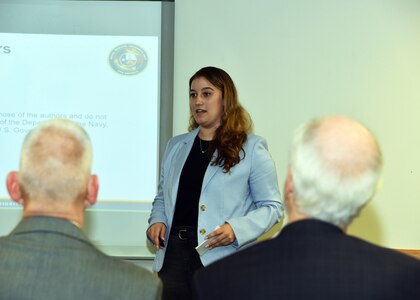 JOINT BASE SAN ANTONO-FORT SAM HOUSTON – (Aug. 2, 2023) – Worcester Polytechnic Institute senior Allison Walker, of Holden, Mass., an intern assigned to Naval Medical Research Unit (NAMRU) San Antonio, delivers her research presentation on in vitro models to her mentor, Dr. Dao Ho, NAMRU San Antonio leadership and other researchers as part of the Office of Naval Research’s Naval Research Enterprise Internship Program (NREIP) at the Battlefield Health and Trauma Research Institute. NREIP places college and university students in the Department of the Navy laboratories where they take part in real Naval research for ten weeks during the summer. NREIP gives academically talented college students, graduating seniors, and graduate students pursuing STEM careers the opportunity to learn about Naval research and technology while receiving first-class mentoring by top scientists and engineers. NAMRU San Antonio is one of the leading research and development laboratories for the U.S. Navy under the Department of Defense (DoD) and is one of eight subordinate research commands in the global network of laboratories operating under the Naval Medical Research Command in Silver Spring, Md.  Its mission is to conduct gap driven combat casualty care, craniofacial, and directed energy research to improve survival, operational readiness, and safety of DoD personnel engaged in routine and expeditionary operations. (U.S. Navy photo by Burrell Parmer, NAMRU San Antonio Public Affairs/Released)