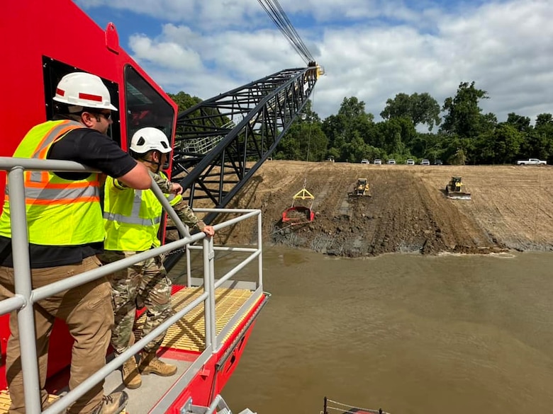 Memphis District Commander Col. Brian Sawser and several members of the district leadership team traveled to Mhoon Bend, Mississippi, on July 12, to visit the district's Bank Grading Unit team and observe the new bank grader, Grader 1, in action for the first time since its arrival and christening earlier this year. 

With this year’s revetment season now in full swing, the BGU is laser-focused on accomplishing two key objectives, with the first being training, both contractor-led and on-the-job, to attain the necessary certifications and practice according to each employees' role. 

Additionally, unit operators will use this first test site to calibrate the newly constructed machine, ensuring it's “put through the paces,” so to speak.



Additionally, unit operators will use this first test site to calibrate the newly constructed machine, ensuring it's “put through the paces,” so to speak.