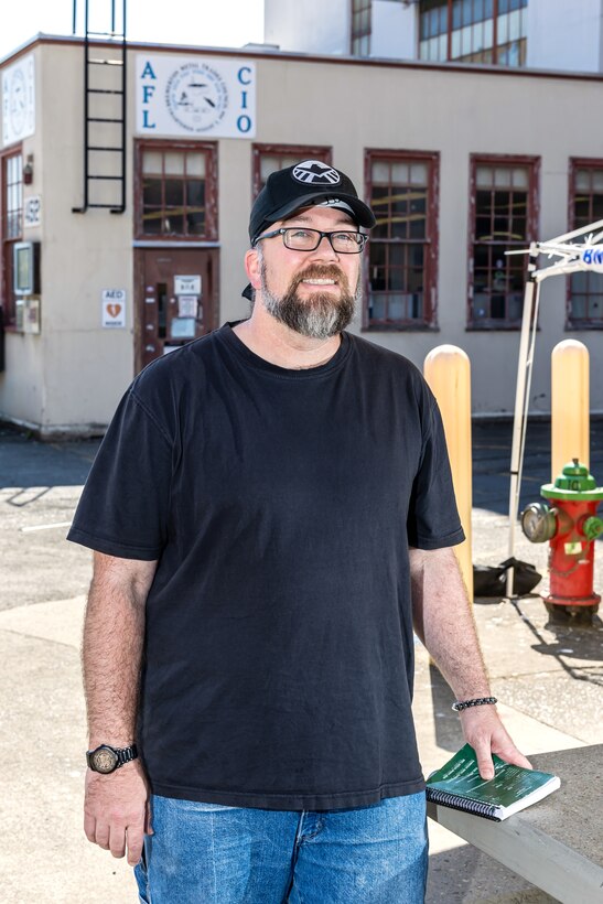 Mark Leighton, president, Bremerton Metal Trades Council, began his career at PSNS & IMF as a welder in 1997. Leighton said he decided to try his hand at a leadership role within PSNS & IMF because "I kept finding myself answering more questions than I was asking." Leighton was elected president of the BMTC in January 2023. (U.S. Navy photo by Jeb Fach)