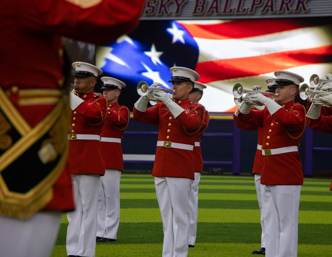 Marines with “The Commandant’s Own,” U.S. Marine Drum & Bugle Corps, Marine Barracks Washington, practices his musical sequence for an audience during a Washington State Huskies baseball game, at Washington State University, Seattle Washington., March 10, 2023. The performance was part of the annual Battle Color Detachment Tour, extending along the west coast. (U.S. Marine Corps photo by Lance Cpl. Pranav Ramakrishna)