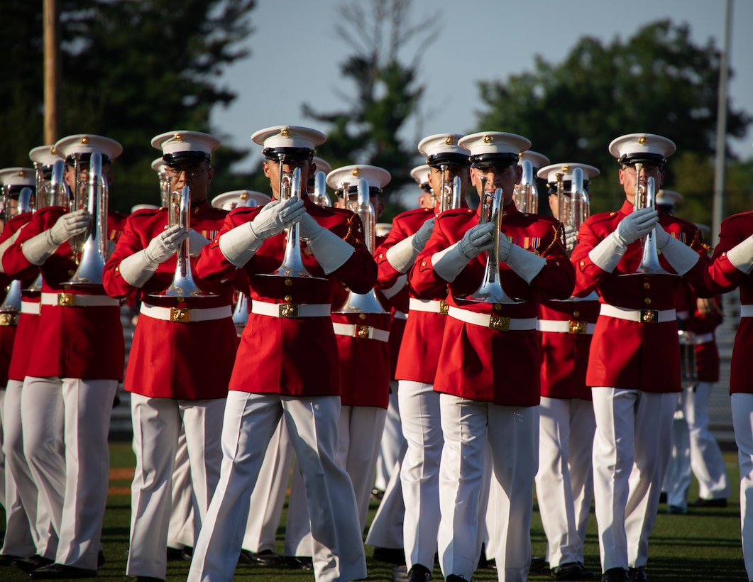 Marines with “The Commandant’s Own,” U.S. Marine Drum & Bugle Corps, perform at The World Association of Marching Show Bands in West Virginia Wesleyan College, Buckhannon, West Virginia, July 23, 2023. The World Association of Marching Show Bands is an international band association, dedicated to promoting global communication and interaction between marching show bands. (U.S. Marine Corps photo by Lance Cpl. Pranav Ramakrishna)