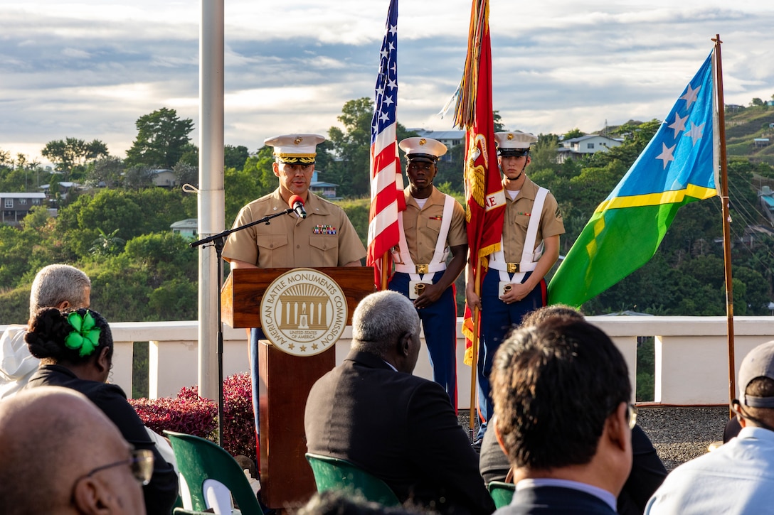 U.S. Marine Corps Lt. Col. Robert J. Hillery, commanding officer of Task Force Koa Moana 23, gives remarks during the 81st Anniversary of the Battle of Guadalcanal Ceremony at the Guadalcanal American Memorial in Honiara, Solomon Islands, August 7, 2023. The Battle of Guadalcanal, also known as Operation Watchtower, was a seven-month campaign that marked the first Allied land offensive in the Pacific theater in World War II. (U.S. Marine Corps photo by Staff Sgt. Courtney G. White)