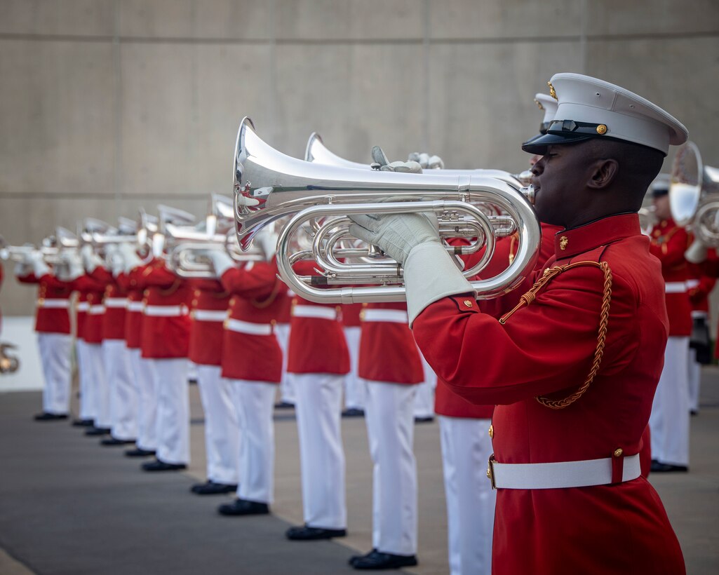 Staff Sgt. Evan Middleton, musician, “The Commandant’s Own”, U.S. Marine Drum and Bugle Corps, performs at the National Museum of the Marine Corps, Quantico, Virginia, Aug. 24, 2022. “The Commandant’s Own,” performed multiple songs to showcase esprit de corps and honor the generations before us. (U.S. Marine Corps photo by Cpl. Mark A. Morales)