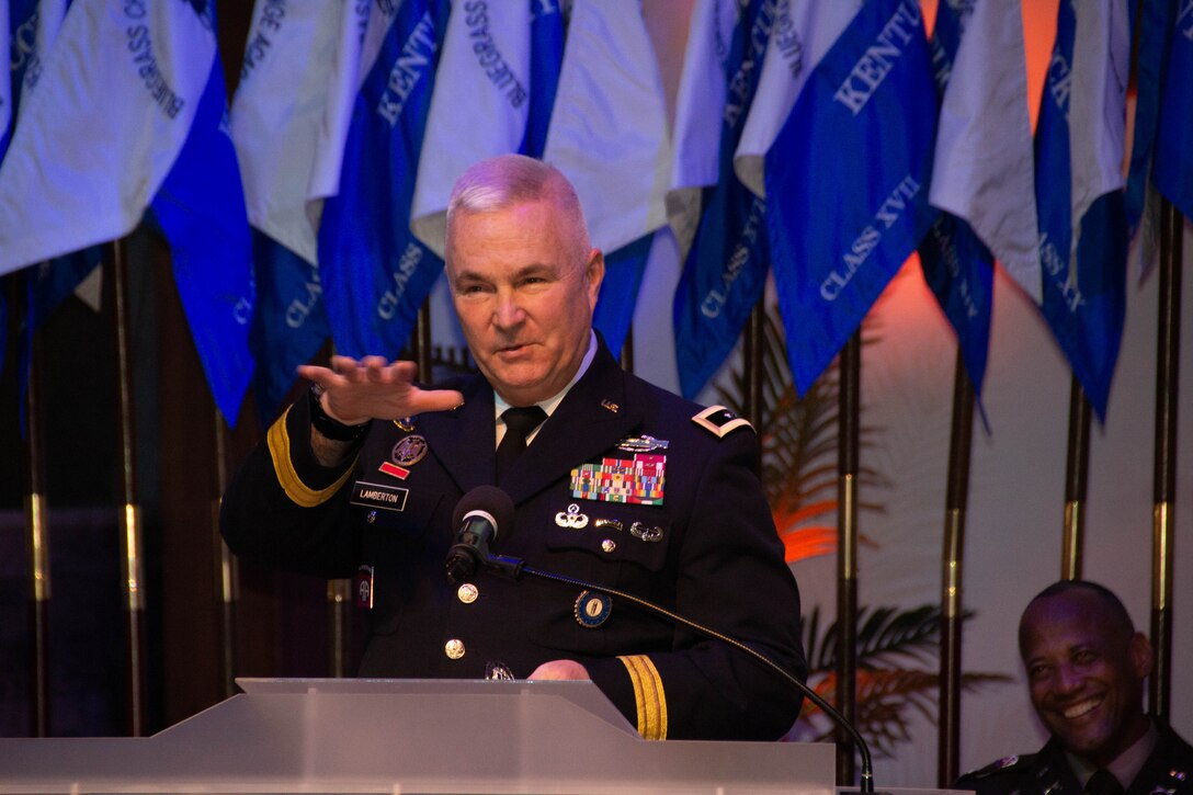 Kentucky Adjutant General, Maj. Gen. Haldane B. Lamberton spoke to the cadets and their families at a Bluegrass ChalleNGe Academy graduation ceremony June 17, 2023 in Radcliff.