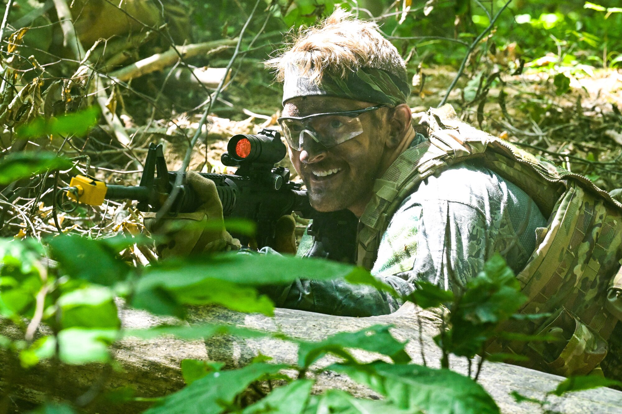Master Sgt. Anthony McDaniel, an Integrated Defense Leadership Course cadre member assigned to the 914th Security Forces Squadron, Niagara Falls Air Reserve Station, New York, portrays an opposing force player during a static defense training exercise on July 24, 2023, at Camp James A. Garfield Joint Military Training Center, Ohio.