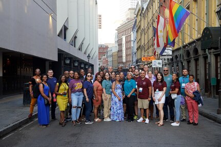 The U.S Army Reserve’s 85th Support Command and First Army’s Sexual Assault Response Coordinators and Victim Advocates pause for a photo on Chartres Street during the 49th Annual National Organization for Victim Assistance training conference, July 31 – August 3, 2023, in New Orleans, Louisiana.