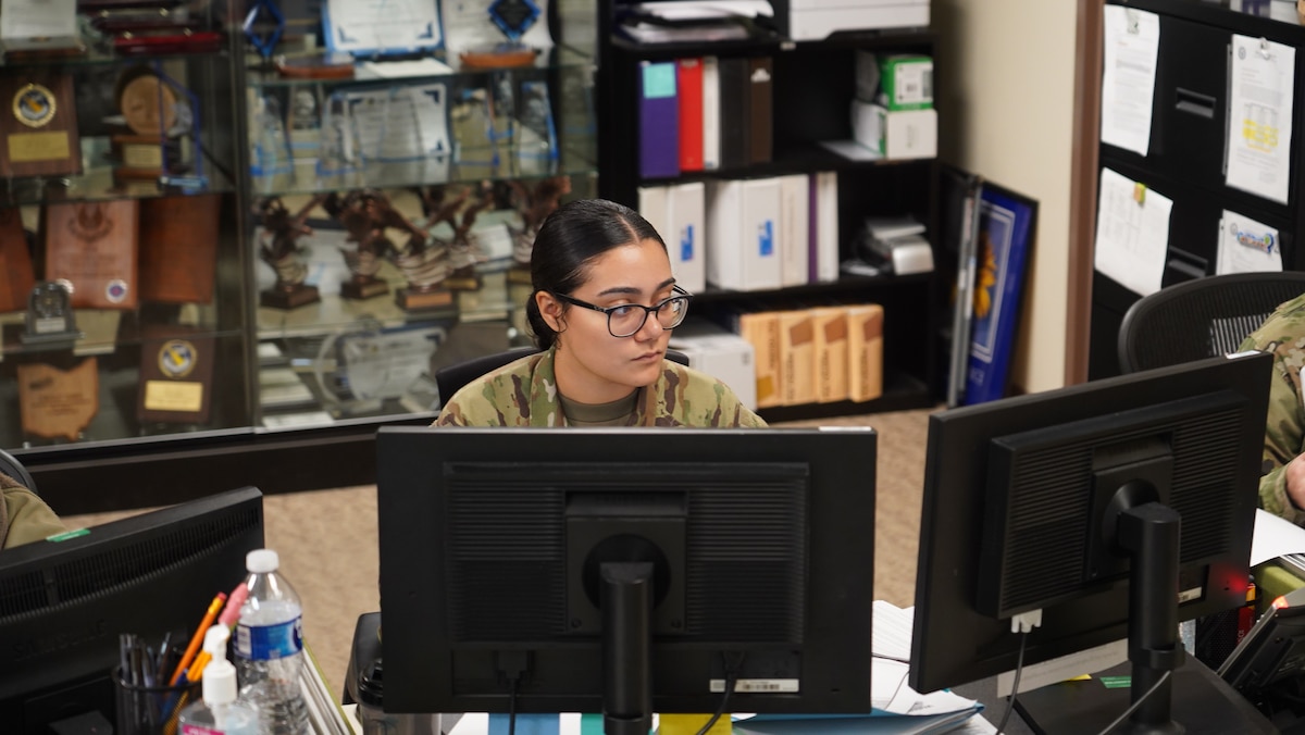 Airman Karissa Hernandez, 88th Medical Support Squadron medical materiel technician, works the front desk checking equipment orders and supply requests at Wright-Patterson Medical Center, June 29, 2023. The squadron’s Medical Logistics and Facilities Flight directly impacts every section, clinic and patient in the Air Force’s second-largest hospital. (U.S. Air Force photo by Kenneth J. Stiles)