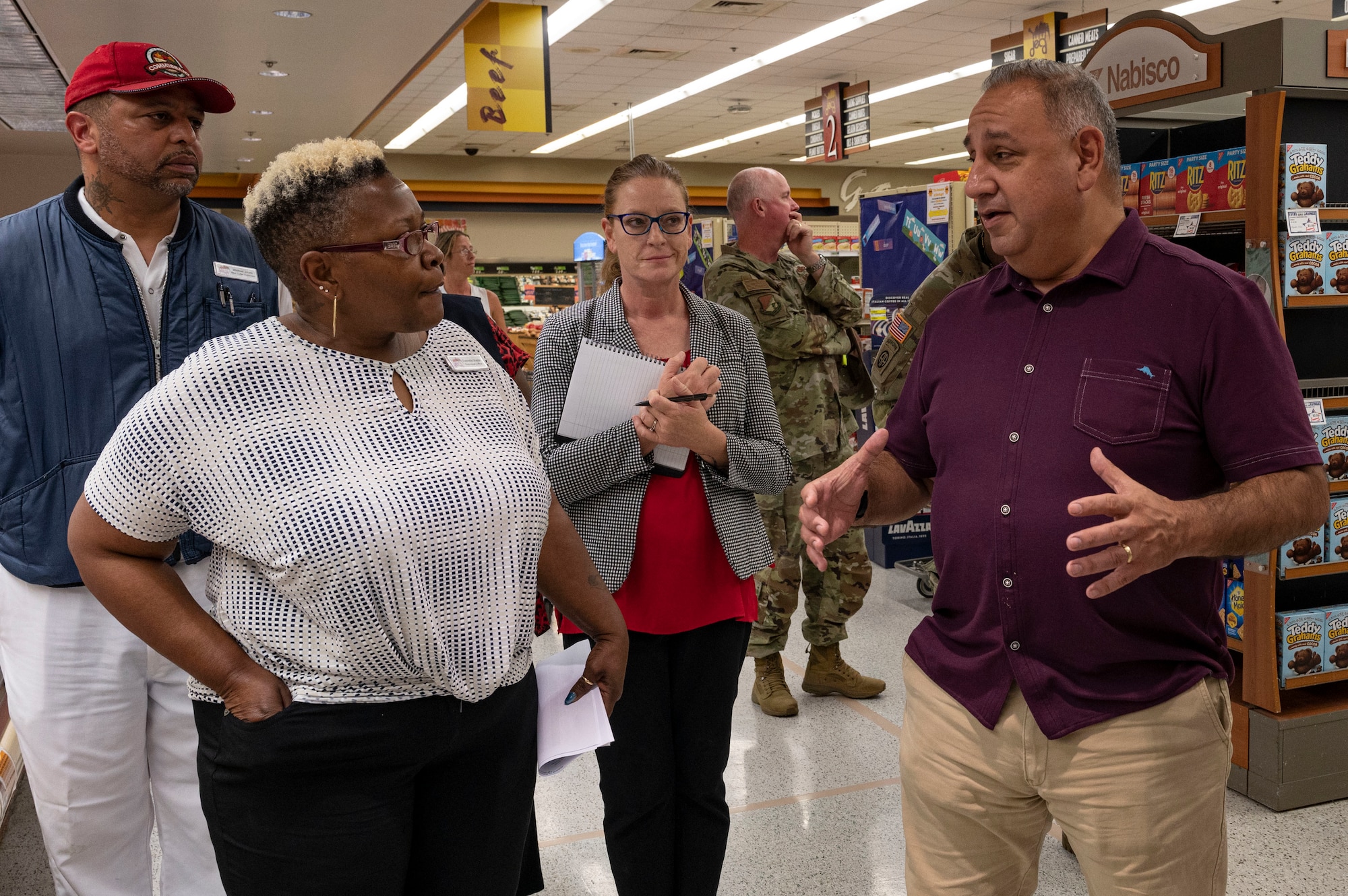 Gilbert R. Cisneros Jr., Under Secretary of Defense for Personnel and Readiness, right, discusses the capabilities of Holloman’s commissary with Dwinette Martin, Defense Commissary Agency officer, during a familiarization tour at Holloman Air Force Base, New Mexico, Aug. 1, 2023. Cisneros and Wagner interacted with Airmen and other personnel across the wing to better understand the 49th Wing’s mission of aircrew training and discuss ways to improve Team Holloman’s quality of life. (U.S. Air Force photo by Airman 1st Class Isaiah Pedrazzini)