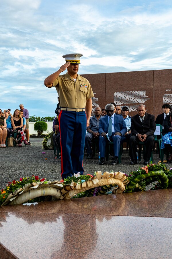 U.S. Marine Corps Lt. Col. Robert J. Hillery, commanding officer of Task Force Koa Moana 23, salutes after laying a wreath on the Guadalcanal American Memorial during the 81st Anniversary of the Battle of Guadalcanal Ceremony in Honiara, Solomon Islands, August 7, 2023. The Battle of Guadalcanal, also known as Operation Watchtower, was a seven-month campaign that marked the first Allied land offensive in the Pacific theater in World War II. (U.S. Marine Corps photo by Staff Sgt. Courtney G. White)